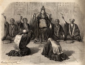 Hoher buddhistischer Priester wird verehrt, umgeben von seinen Jüngern, die das Ritual mit Gong und Zimbeln rhythmisieren. Gravur zur Illustration der Reise nach Japan in den Jahren 1863-1864 von Aime Humbert, Minister der Schweizerischen Eidgenossenschaft von Unknown artist