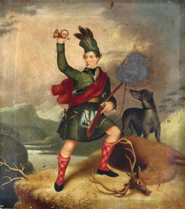 Highland-Jäger mit Hund und totem Hirsch, ca. 1850