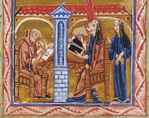 Hildegard von Bingen empfängt eine Vision in Anwesenheit ihres Sekretärs Volmar und ihrer Vertrauten Richardis von Unknown artist