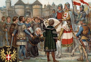 Historische Episoden berühmter Städte: Rudolf von Habsburg (Rudolf I. des Heiligen Römischen Reiches 1218-1291) nahm Wien in Besitz (1276). Rudolf I. war König der Römer und durch die Einnahme der Stadt Wien begründete er die Macht der Habsburger. Chromoli von Unknown artist