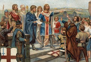Historische Episoden berühmter Städte: Alfred der Große (849-899) gibt London seinen früheren Einwohnern zurück (886), der „Frieden von Alfred und Guthrum“ markierte den Sieg der Angelsachsen gegen die Dänen (Wikinger). Chromolithographie des 19. Jahrhunde von Unknown artist