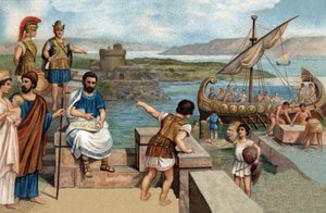 Historische Episoden berühmter Städte: Die Megareaner (Volk von Megar, griechische Stadt Attika) gründeten Byzanz (667 v. Chr.) am westlichen Ufer des Kimmerischen Bosporus, wo die thrakische Festung Byzas stand. Chromolithographie des 19. Jahrhunderts von Unknown artist