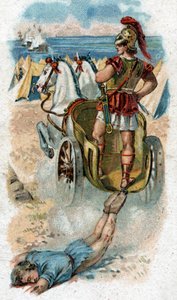 Geschichte des Lebens von Achilles, legendärer Held des Trojanischen Krieges: Achilles schleift Hektors Leiche hinter seinem Wagen her. Chromolithographie von 1890. von Unknown artist
