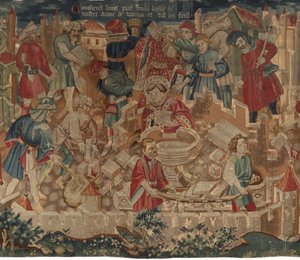 Geschichte von Saint Piat und Saint Eleuthère, Szene 5: Wie der heilige Piat die Kirche Unserer Lieben Frau gründete und die Taufbecken schuf von Unknown artist