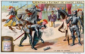 Geschichte des Handschuhs: den Handschuh werfen, Pfand des Kampfes in Ritterturnieren - Liebig Chromolithographie