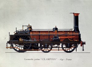 Geschichte des Transports: Lokomotivmodell, Crampton-System benannt nach Thomas Russell Crampton (1816-1888), britischer Ingenieur: Er schuf eine Hochgeschwindigkeitslokomotive. Gravur von 1849 Paris, Decorative Arts von Unknown artist