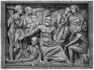 Homer singt mit seiner Lyra in einer Stadt in Ionien. Gravur nach dem Flachrelief von Herrn Hugues, großer Skulpturpreis des Schulwettbewerbs 1875.