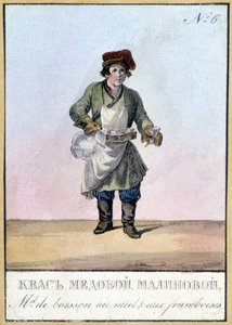 Händler von Honig- und Himbeergetränken in Russland im 19. Jahrhundert. Illustration des 19. Jahrhunderts von Unknown artist