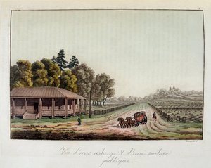 Herberge und Postkutsche in den Vereinigten Staaten - in „Die alte und moderne Tracht“ von Ferrario, ed. Mailand