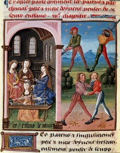 Wie Eltern über ihre Kinder denken sollten; die Kinder von Octavian lernen Ritterlichkeit und Wollarbeit. Miniatur aus „Das Buch der guten Sitten“ von Jacques Legrand