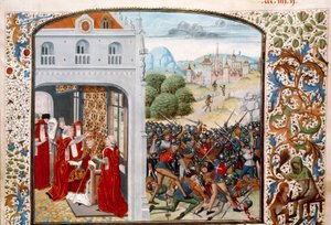 Hundertjähriger Krieg: „Papst Gregor XI. (1329-1378) gekrönt in Avignon im Jahr 1370. Die Schlacht von Pontvallain zwischen Franzosen und Engländern am 04.12.1370“ Miniatur aus „Chroniken“ von Jean Froissart (1337-1400) 15. Jahrhundert Paris. B.N. von Unknown artist