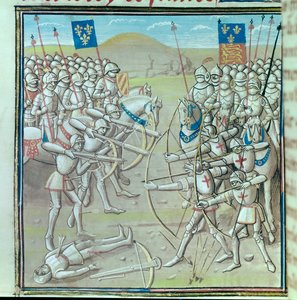 Hundertjähriger Krieg: die Schlacht von Crécy am 26.08.1346 zwischen den Franzosen und den Engländern. Miniatur aus einem Manuskript des 14. Jahrhunderts
