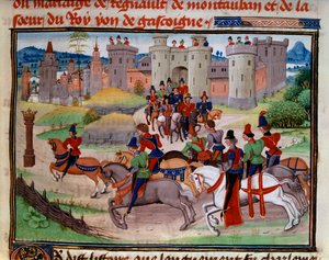 Jagdszene. Miniatur aus dem Manuskript „Renaud de Montauban“ oder „Les quatre fils Aymon“ von Loyset Liedet