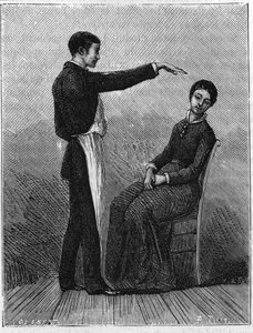 Phänomene des Hypnotismus: Hypnotismus wird durch plötzliches Ausstrecken der Hand vor dem Patienten erzeugt. Gravur von 1881.