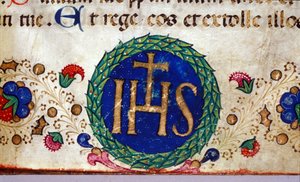 IHS Christliches Symbol, dessen Bedeutung Jesus ist. Manuskript aus dem 15. Jahrhundert