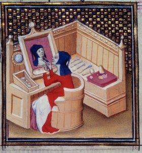 Iaia (Marcia de Cyzique), eine römische Malerin, malt ihr eigenes Miniaturporträt aus „De mulieribus claris“ von Giovanni Boccaccio