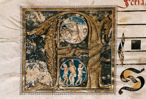 Illuminierter Buchstabe der Predigt Jesu vor den Aposteln und der Geißelung, aus einem Manuskript liturgischer Lieder