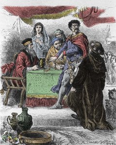 Illustration für „Ivanhoe“ von Walter Scott (1771-1832), schottischer Schriftsteller: Ivanhoe wird vom sächsischen Ritter Brian de Bois Guilbert herausgefordert.