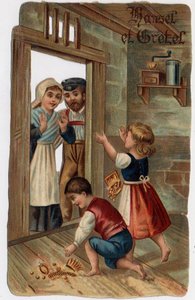 Illustration für das Märchen der Brüder Grimm „Hänsel und Gretel“: Hänsel und Gretel kehrten nach Hause zurück und gaben ihren Eltern die Juwelen, die sie hatten. Chromolithographie aus dem späten 19. Jahrhundert
