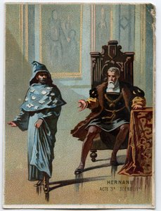 Illustration von „Ernani“ von Giuseppe Verdi, Akt 3, Szene 2, Oper uraufgeführt 1844 nach der Tragödie „Hernani“ von Victor Hugo. Chromolithographie des späten 19. Jahrhunderts