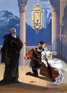 Illustration von „Ernani“ von Giuseppe Verdi (1813 - 1901), Akt V, Szene 6, Oper uraufgeführt 1844 nach Victor Hugos Tragödie „Hernani“. Chromolithographie aus dem späten 19. Jahrhundert
