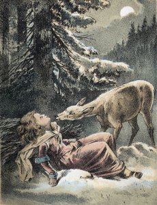 Illustration von Franz Hoffmanns Erzählungen „Tales and Fables - Von Weifshändchen und breitfüßchen“: Ein Mädchen ohnmächtig im Schnee und ein Hirsch. Chromolithographie des 19. Jahrhunderts