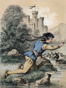 Illustration von Franz Hoffmanns Erzählungen „Tales et Fables - Die 3 Prinzen“: Ein Prinz erhält einen Schlüssel von einer Ente. Chromolithographie des 19. Jahrhunderts