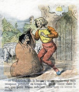 Illustration aus dem späten 19. Jahrhundert für das Märchen von Hans Christian Andersen (1805-1875) „Groß Klaus und Klein Klaus“. Private Sammlung.
