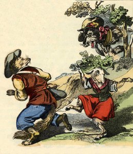 Illustration des Märchens „Bon Médor und das kleine Zicklein“. In „Märchen aus dem Heim für die Kleinen“. Anonyme Gravur des 19. Jahrhunderts.