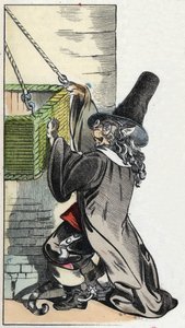 Illustration des Märchens „Der schreckliche Raminagrobis und die Mäuse“. Charakterzeichnungen von Fabeln von Jean de la Fontaine. In „Märchen aus dem Heim für die Kleinen“. Anonyme Gravur des 19. Jahrhunderts.