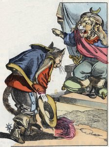 Illustration des Märchens „Der schreckliche Raminagrobis und die Mäuse“, Charakter aus Fabeln von Jean de la Fontaine. In „Tales from the home for the little ones“. Anonyme Gravur des 19. Jahrhunderts