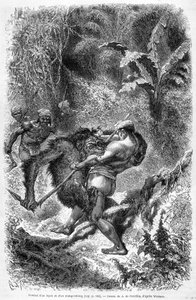 Illustration aus der Ausgabe von 1862 von „Le Tour du monde“, die einen Kampf zwischen einem Dayak und einem Orang-Utan auf der Insel Borneo darstellt. Gravur von Unknown artist