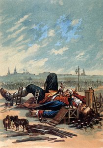 Illustration zeigt Lilliputaner, die Gulliver angreifen. Chromolithographie, Ende des 19. Jahrhunderts von Unknown artist