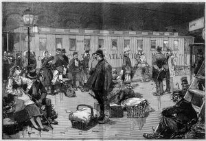 Einwanderung. Abreise von Auswanderern in Europa in die Vereinigten Staaten von Amerika: Sonderwagen der General Transatlantic Company, der von den Grenzen Deutschlands und der Schweiz nach Havre fährt, wo die Passagiere nach New York einschiffen werden. G von Unknown artist