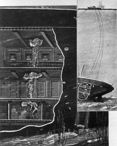 Im Jahr 1885 erreichte der Taucher Alexander Lambert die Schatzkammer des Wracks der „Alfonso XII“ in den Tiefen der Kanarischen Inseln. Zeitgenössische Illustration