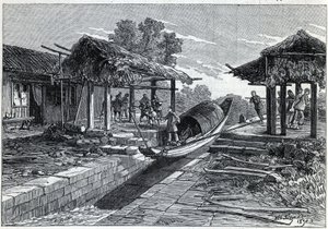 Schrägaufzug für Boote in Ning-Po (oder Ning Po in China). Gravur in „La Nature“ von Unknown artist