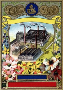 Industrialisierung: Luftansicht einer Fabrik. Chromolithographie aus dem späten 19. Jahrhundert.