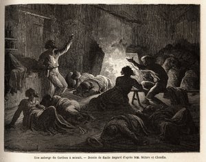 In einem Caribou-Gasthaus (Kanada), um Mitternacht, betrunkene Fallensteller und Bergleute singen, dann fallen sie zu Boden oder schlafen in einer Decke ein. Gravur zur Illustration der Reise vom Atlantik zum Pazifik (Route du nord ouest par les terres), i