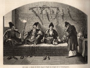 In einem tatarischen Café in Schoucha (Transkaukasien, Russland), wo Männer sich treffen, um Tee zu trinken und Shisha zu rauchen. Gravur zur Illustration der Reise in die Provinzen des Kaukasus, von Basile Vereschaguine, 1864-1865, veröffentlicht in „Le T von Unknown artist