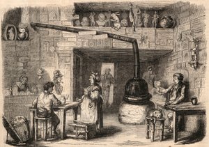 Im Inneren des Kabaretts Le Lapin Blanc (Weißes Kaninchen), Rue aux Fèves in Paris vor seinem Abriss. Eine Taverne aus der Zeit der Monarchie. Gravur in „Le Monde illustrious“ von 1862. Privatsammlung. von Unknown artist
