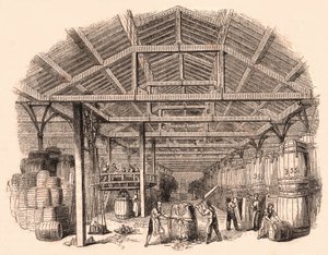 Innenansicht einer Tabakfabrik: Arbeiter beim Zerkleinern einer Tabakkugel und andere bei der Herstellung und Handhabung von Fässern von Unknown