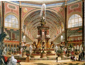 Innenansicht des Kristallpalastes während der Internationalen Ausstellung von 1862. Majolika-Brunnen von Minton. Chromolithographie
