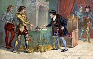 Interview von Ludwig XI. (1423-1483), König von Frankreich, und Karl dem Kühnen, Herzog von Burgund, in Péronne im Oktober 1468. Liebig-Chromolithographie des 19. Jahrhunderts