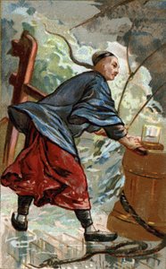 Erfindung des chinesischen Kompasses: Chinesischer Navigator benutzt den Kompass auf seinem Boot. Der erste Einsatz des Kompasses als Navigationsinstrument auf chinesischen Schiffen datiert aus dem Ende des 10. Jahrhunderts. Chromolithographie des 19. Jahr