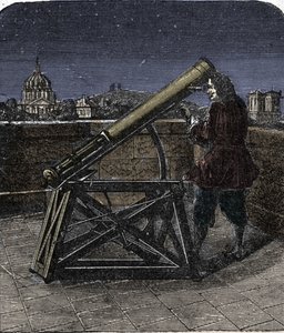Isaac Newton (1642-1727), englischer Physiker, benutzt sein Teleskop. von Unknown artist