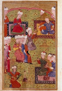 Islamische Kunst: Bankett in Anwesenheit des Sultans mit Musikern. Miniatur aus einem Manuskript des 16. Jahrhunderts von Unknown artist