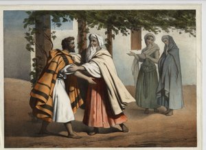 Jakob, der vor der Rache seines Bruders Esau floh, wurde von Laban empfangen. Anonyme Gravur aus dem 19. Jahrhundert.