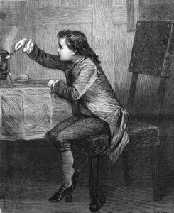 James Watt (1736-1819) als Kind entdeckt die Gesetze des Dampfes. Gravur von 1868 nach dem Gemälde von Marcus Stone. von Unknown artist