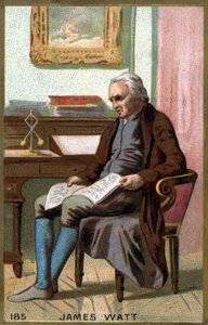 James Watt (1736 -1819) in seinem Büro. Chromolithografie des 19. Jahrhunderts