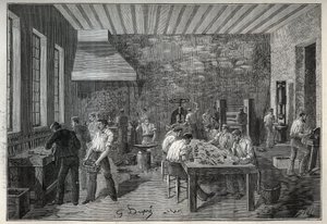 Schmuck: Stahl-Schmuckfabrik. Gravur von 1885 in „Les arts et métiers illustrés“ von Adolphe Bitard. von Unknown artist
